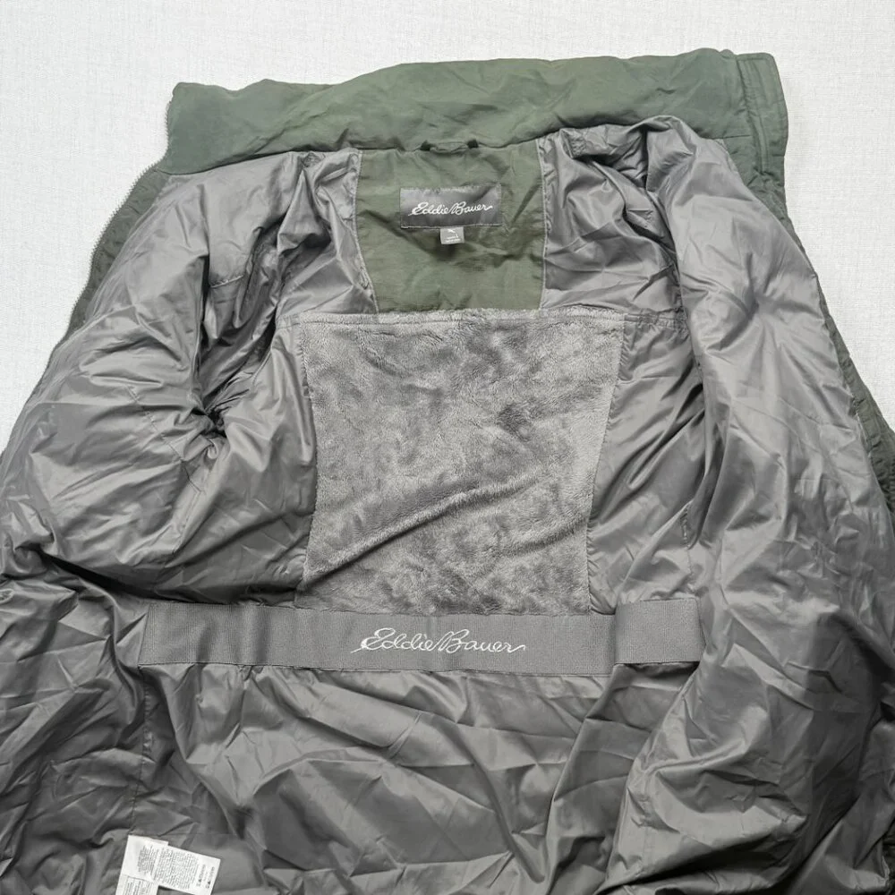 Eddie Bauer Long Puffer Down Coat Quilted Olive Green Nylon Blend Size L - Picture 3 of 9